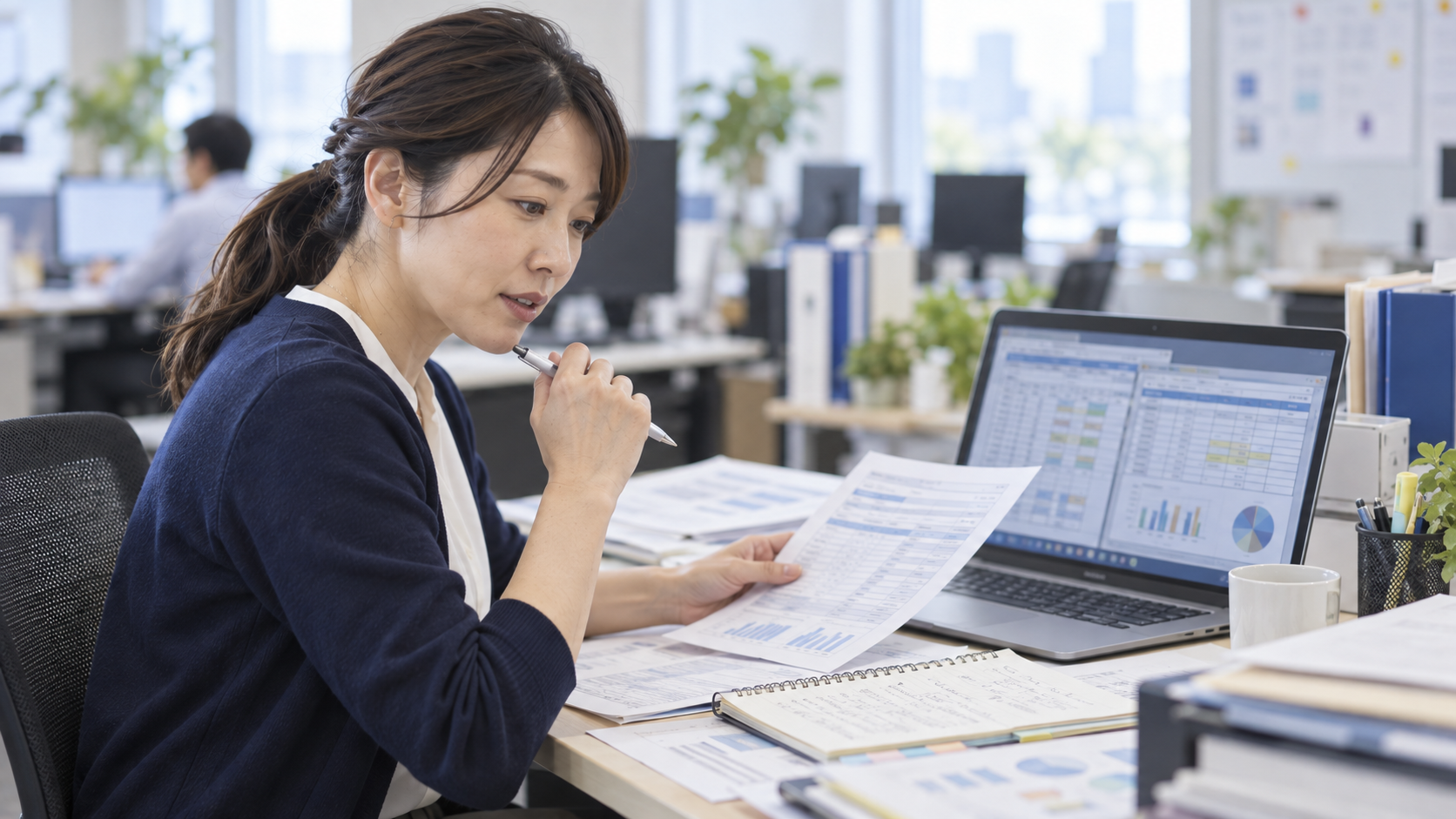複数の資料を見比べ、仕事の進め方に困っている担当者