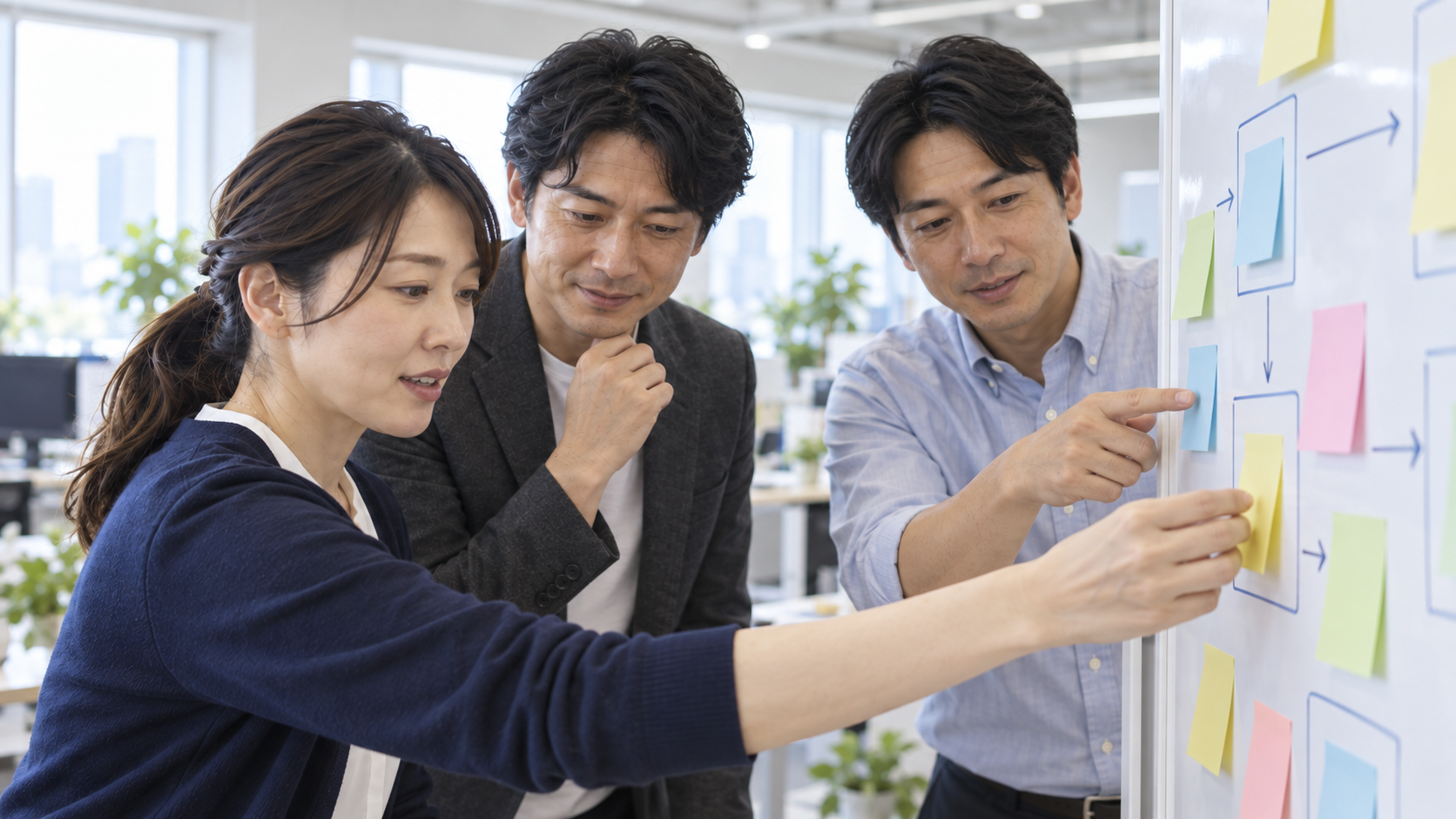 付箋を使い、社内の業務の流れを一緒に整理する様子